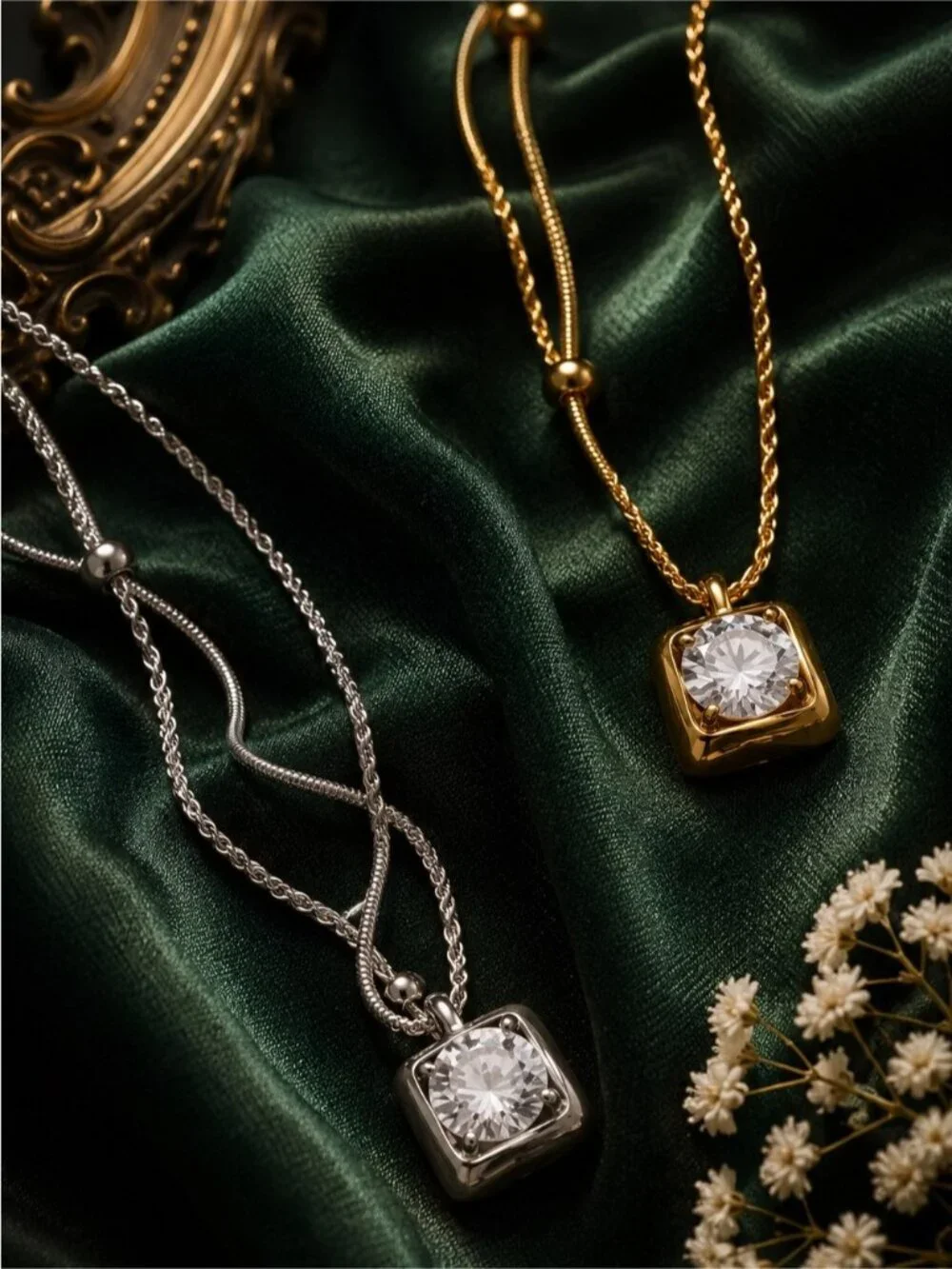 Gold Toned Pendant Necklace with Clear Stone
